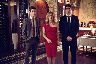 The Flash -- "All Star Team Up" -- Image FLA118A_0365b -- Pictured (L-R): Grant Gustin as Barry Allen, Emily Bett Rickards as Felicity Smoak, and Brandon Routh as Ray Palmer -- Photo: Cate Cameron/The CW -- ÃÂ© 2015 The CW Network, LLC. All rights reserved.