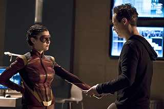 The Flash -- "Trajectory" -- Image FLA216b_0060b -- Pictured (L-R): Allison Paige as Trajectory and Tom Cavanagh as Harrison Wells -- Photo: Katie Yu/The CW -- ÃÂ© 2016 The CW Network, LLC. All rights reserved.