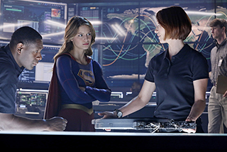 "How Does She Do It?" -- Kara's two identities are stretched thin when Supergirl must protect National City from a series of bombings and Kara is tasked with babysitting Cat's son, Carter, on SUPERGIRL, Monday, Nov. 16 (8:00-9:00 PM, ET/PT) on the CBS Television Network. Pictured left to right: David Harewood, Melissa Benoist and Chyler Leigh Photo: Robert Voets/Warner Bros. Entertainment Inc. ÃÂ© 2015 WBEI. All rights reserved.