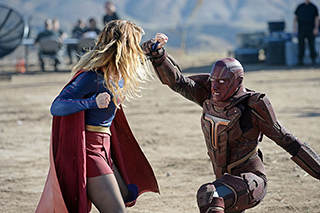 "Red Faced" -- Personal and professional stress get the better of Kara when she goes too far during a training exercise against Red Tornado, a military cyborg commissioned by Lucy Lane's father, General Sam Lane, on SUPERGIRL, Monday, Nov. 30 (8:00-9:00 PM, ET) on the CBS Television Network. Pictured left to right: Melissa Benoist and Iddo Goldberg as Red Tornado Photo: Darren Michaels/CBS ÃÂ©2015 CBS Broadcasting, Inc. All Rights Reserved